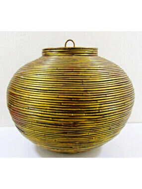 Vintage 1970s Large Bamboo Pencil Reed Lidded Floor Basket Gabriella Crespi